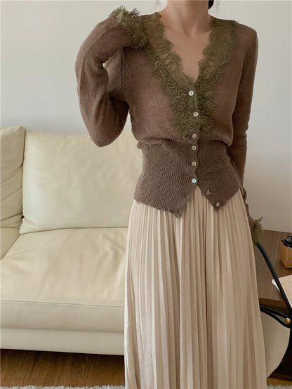 High-fashion Kawaii Botton Up Lace Patchwork Knitted Cardigan Women Autumn Winter Ladies Elegant Vintage Sweater Cheap Wholesale