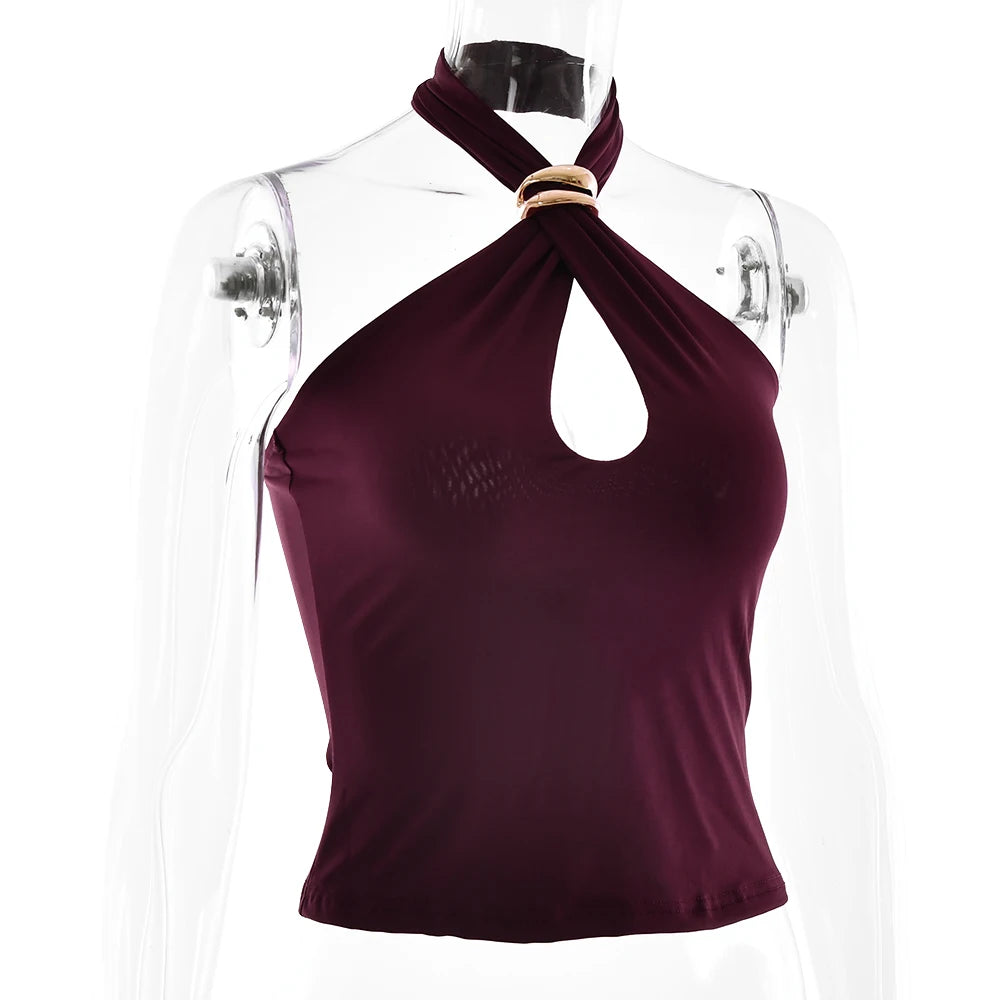 Fantoye Sexy Backless Metal Ring Halter Women Top Black Hollow Out Off Shoulder Crop Vest Female Summer Slim Elegant Streetwear