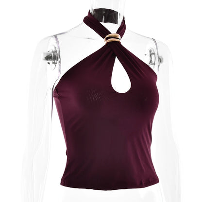 Fantoye Sexy Backless Metal Ring Halter Women Top Black Hollow Out Off Shoulder Crop Vest Female Summer Slim Elegant Streetwear