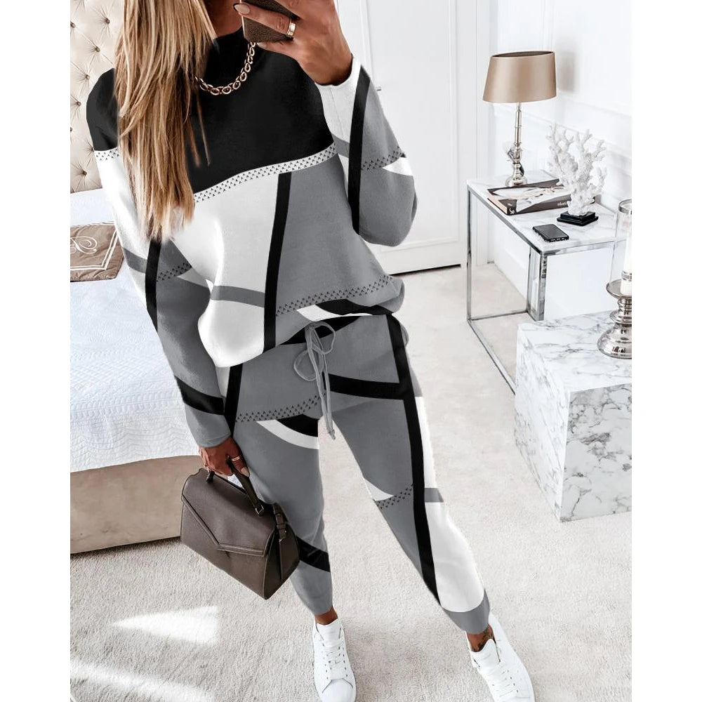 Women Casual Two Piece Sets Fashion Geometric Print O-Neck Long Sleeve Tops and Drawstring Pencil Pants Sets Office Lady Outfits Badiee Stylez