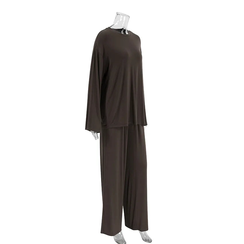 New 2025 Brown Loose Female Sleepwear Suit O-Neck Nightgowns Long Sleeve Nightwear Wide Leg Pants Women's Pajamas 2 Piece Set