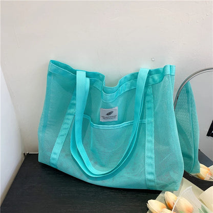 Women Transparent Mesh Shoulder Bag Fashionable Portable Shopping Travel Beach Mesh Net Tote Handbag mint