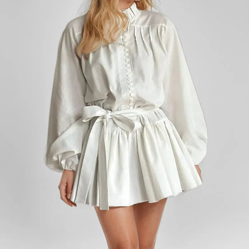 Autumn new women's clothing style elegant, fashionable, casual, sexy commuting long sleeved lace up Chinese style printed dress white