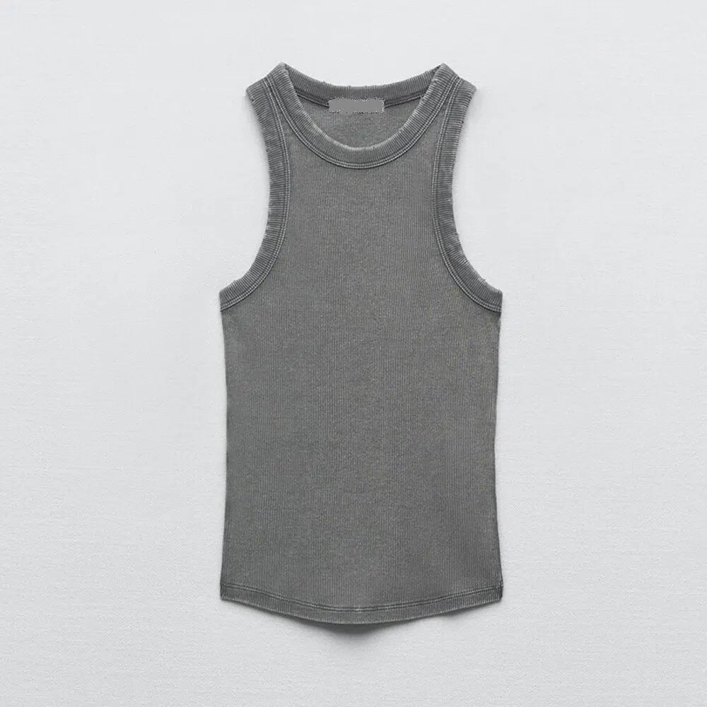 BMURHMZA Fashion New Water Wash Rib Simple Retro Workwear Women's Tank Top Grey