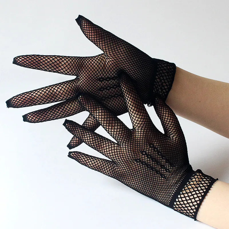 Girls Lolita Lace Hollow Out Gloves Women Ceremony Etiquette Mesh Thin Mittens Gothic Punk Sexy Glove Black White Soft Elastic Style 01 Black One Size