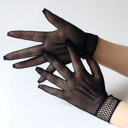 Girls Lolita Lace Hollow Out Gloves Women Ceremony Etiquette Mesh Thin Mittens Gothic Punk Sexy Glove Black White Soft Elastic Style 01 Black One Size