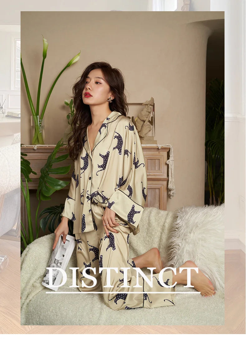 Lisacmvpnel Leopard Print Bat Sleeve Ice Silk Women's Pajamas Simple And Natural Thin Sation Women's Pijama