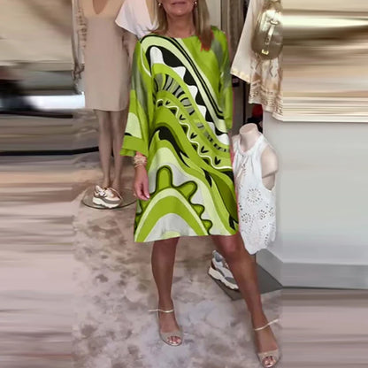 Ladies Elegant Crew-neck Pullover Office Dress Autumn All Match Pattern Print Female Dress 2024 Chic Long Sleeve Commuter Dress 03 Yellow Green