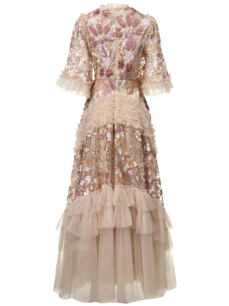 IEQJ Fashion Pink Embroidered Sequins Dress Women's Round Neck Ruffles Half Sleeves Ankle-length Dresses New 3A132 Badiee Stylez