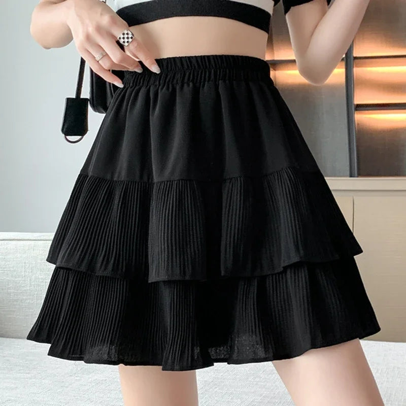 Casual Summer Ball Gown Pleated Skirts Women 2024 Korean Fashion Clothing Faldas Largas High Waist Black White A Line Mini Skirt black