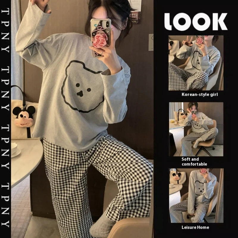 Spring and Autumn New Ladies Ins Style Pajamas Homewear Set Cartoon Girl Long-Sleeved Long Pants Korean Pajamas Homewear Set