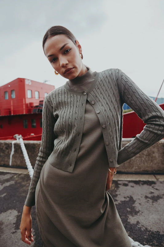 AS AW25 new design knitting cable cardigan + ribbing mockneck dress maxi length match for lady wear