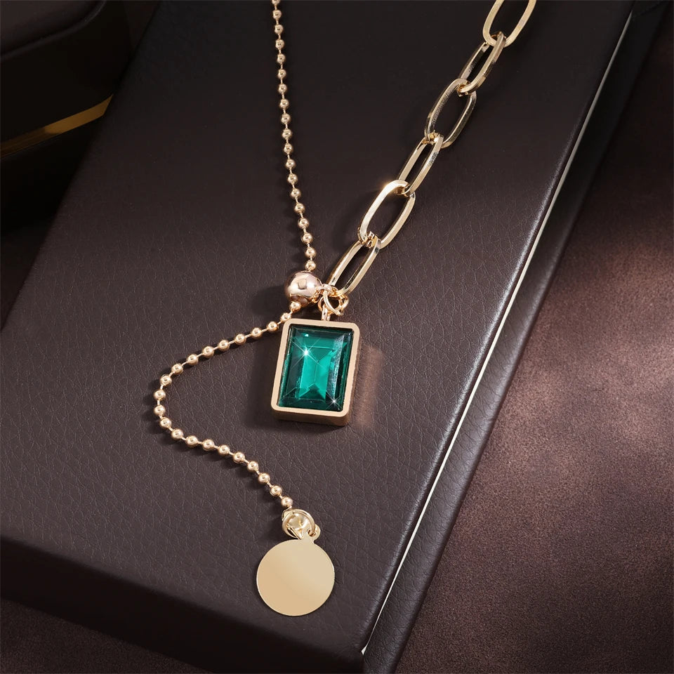 Trendy Square Stainless Steel Green Zirconia Pendant Necklaces For Women Girls Gold Color Metal Round Drop Jewelry Birthday Badiee Stylez