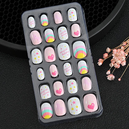 24Pcs Children Cartoon Nail Tips Colorful Cute Rabbit Pink Stars 6-14 Years old Girl Fake Nail With Jelly Glue Kids False Nail TD060-03