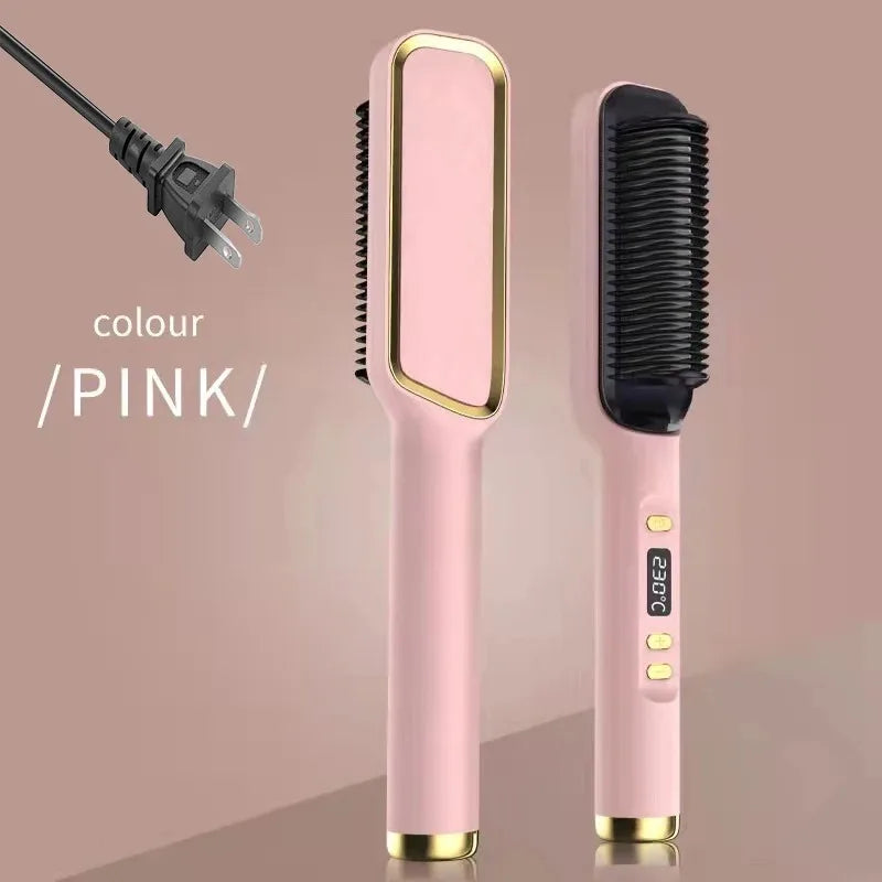 Electric Hot Comb Multifunctional Straight Hair Straightener Comb Negative Ion Anti-Scalding Styling Tool Straightening Brush Pink US