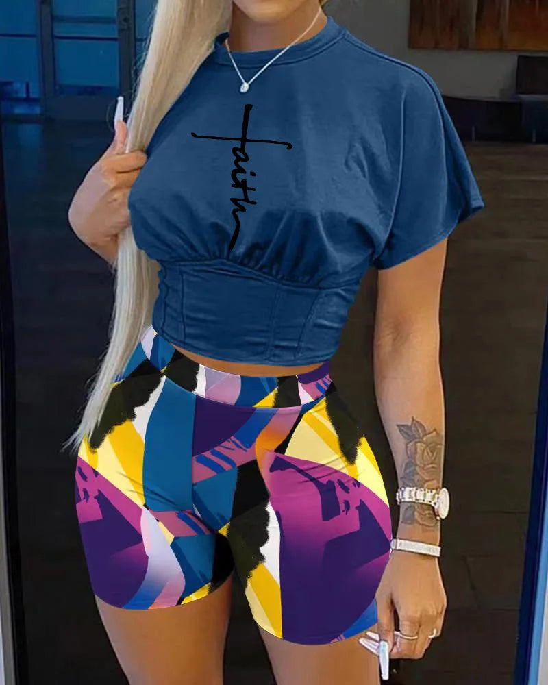 Women Two Piece Short Sets Round Neck Crop Tops Pullovers High Waist Shirts Elastic Waist Shorts Matching Sets Y2k Summer