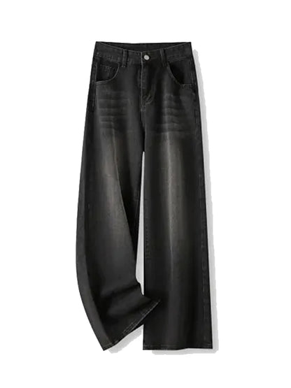Korean Vintage High Waist Women's Jeans Y2K Slimming Pear-Shaped Loose Straight Bell Bottoms Black Gray Baggy Denim Trousers - Badiee Stylez