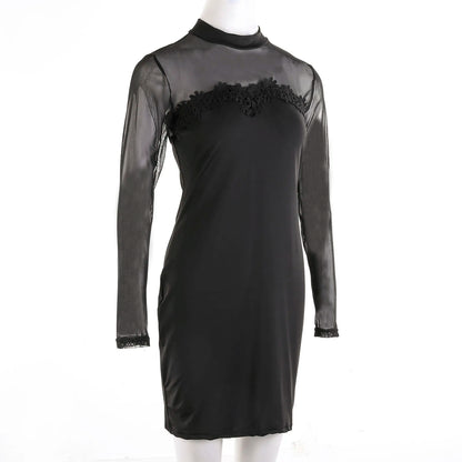 Women Hip Dress Solid Color Lace Mock Neck Long Sleeve See Through Mesh Dress for Cocktail Parties Bars Night Clubs