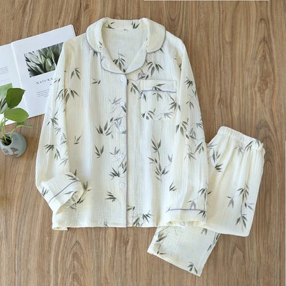 New large size pajamas women cotton crepe home service cotton long sleeve trousers suit simple and comfortable summer and autumn 14