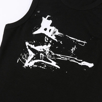 Guitar Print Sleeveless Tank Top Y2K Casual Ribbed Women Grunge Crop Top Harajuku Fashion Vest Tee 90s Street Outfits