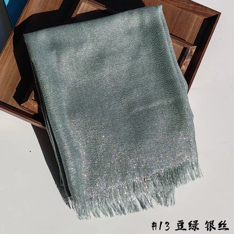 Lastest Brand Design Scarf Shiny Solid Color Shawls Rayon Fabric Gold Silk Silver Wire Head Shawl Fringe Hijab For Women 13