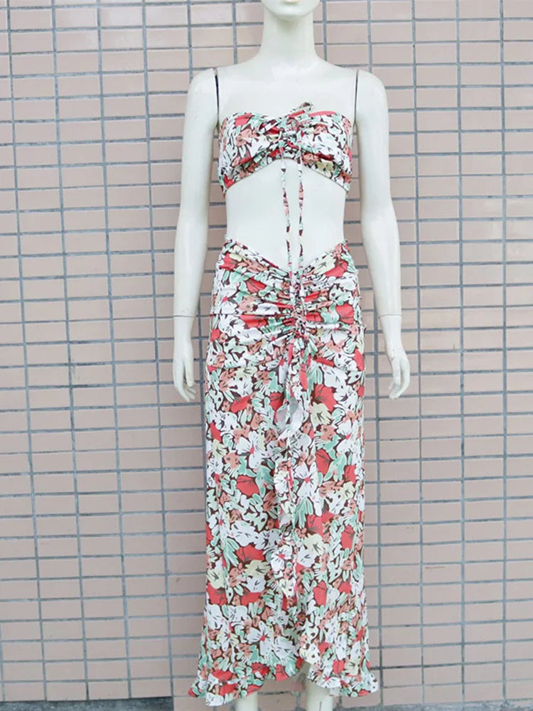 Floral Print Strapless Crop Tops & Shirring Ruffles Slit Maxi Skirts Set Women Summer Two Piece Set
