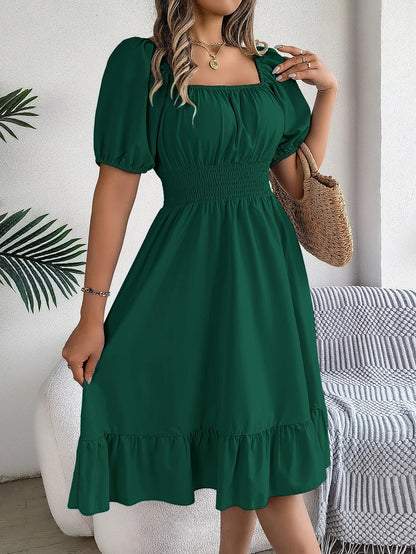 Women's MIidi Dresses 2024 Summer Casual Square Neck Short Sleeved Waist Ruffle Edge Dress Dress Women Elegant Платья Женские Badiee Stylez