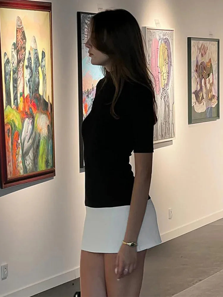 Summer 2025 Turtleneck Half Sleeve Mini Dresses French Style Fashion Elegant Black And White Patchwork Bodycon Dress