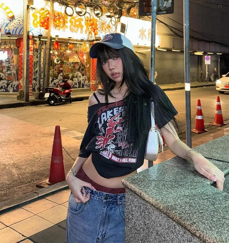 Gothic Tee Y2k Letter Print Off Shoulder Punk T-shirts Women Harajuku Summer Streetwear Grunge T Shirt Aesthetic Sexy Crop Tops