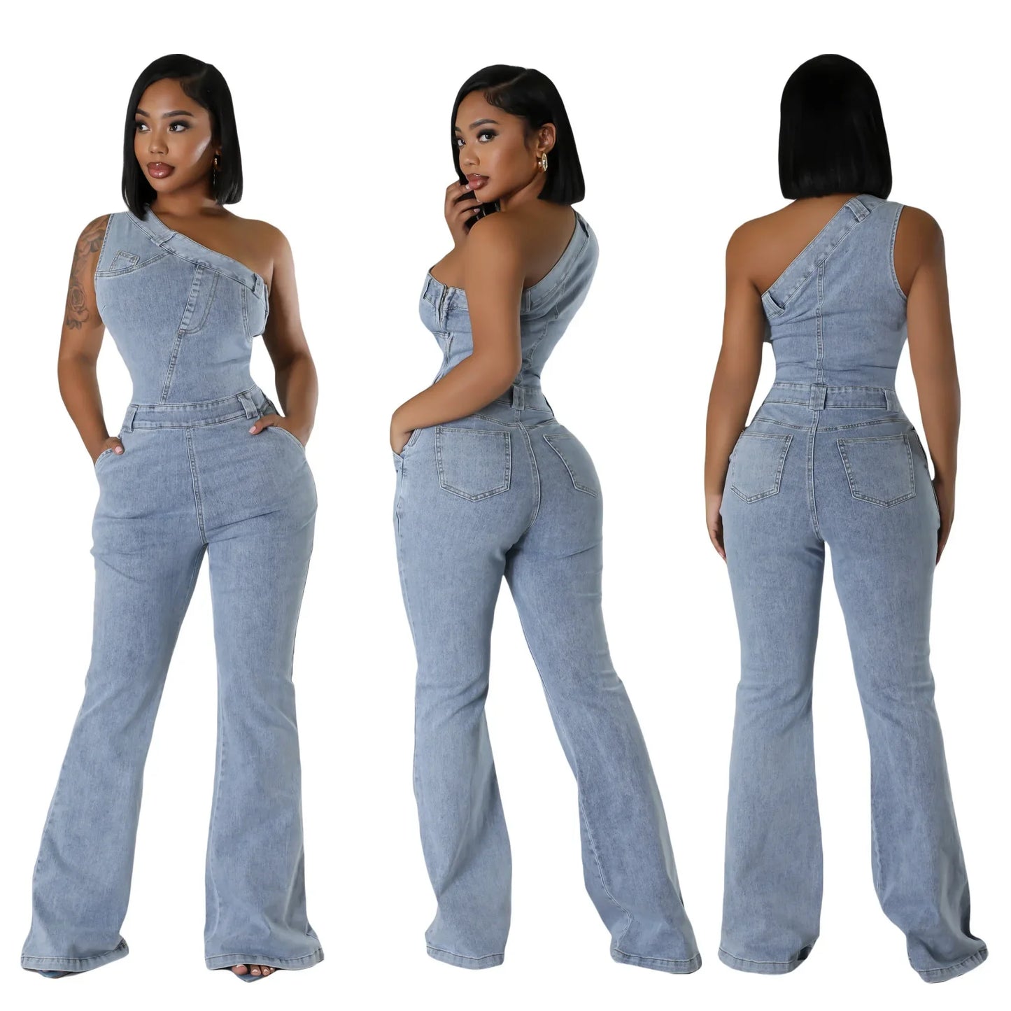 Flare Denim Pants Full Length Women Jeans One Piece Overalls Spliced Solid Jumpsuits Loose Pockets High Waist Basics Washed