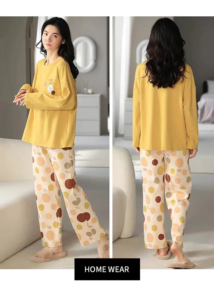 Women's Long Sleeve Long Pants Comfortable Pajamas Loungewear Women's Spring and Autumn New Plus Size Korean Loungewear Set