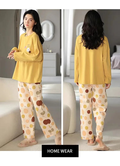 Women's Long Sleeve Long Pants Comfortable Pajamas Loungewear Women's Spring and Autumn New Plus Size Korean Loungewear Set