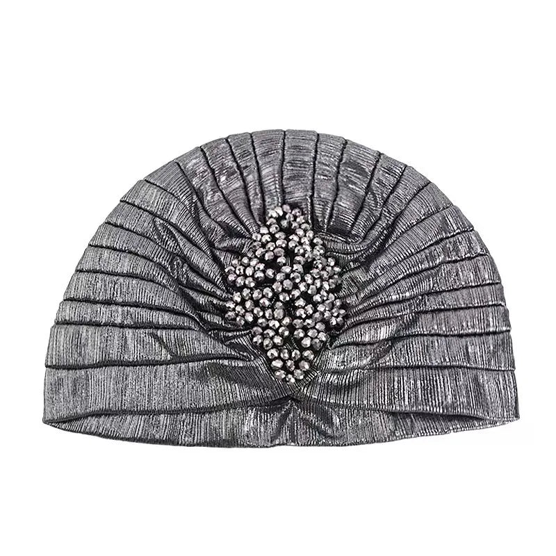 Ethnic Gathered Headscarf with Clover Crystal Gold Foil Print Fashion Hair Cover for Women Hijab Head Wrap Accessory Silver