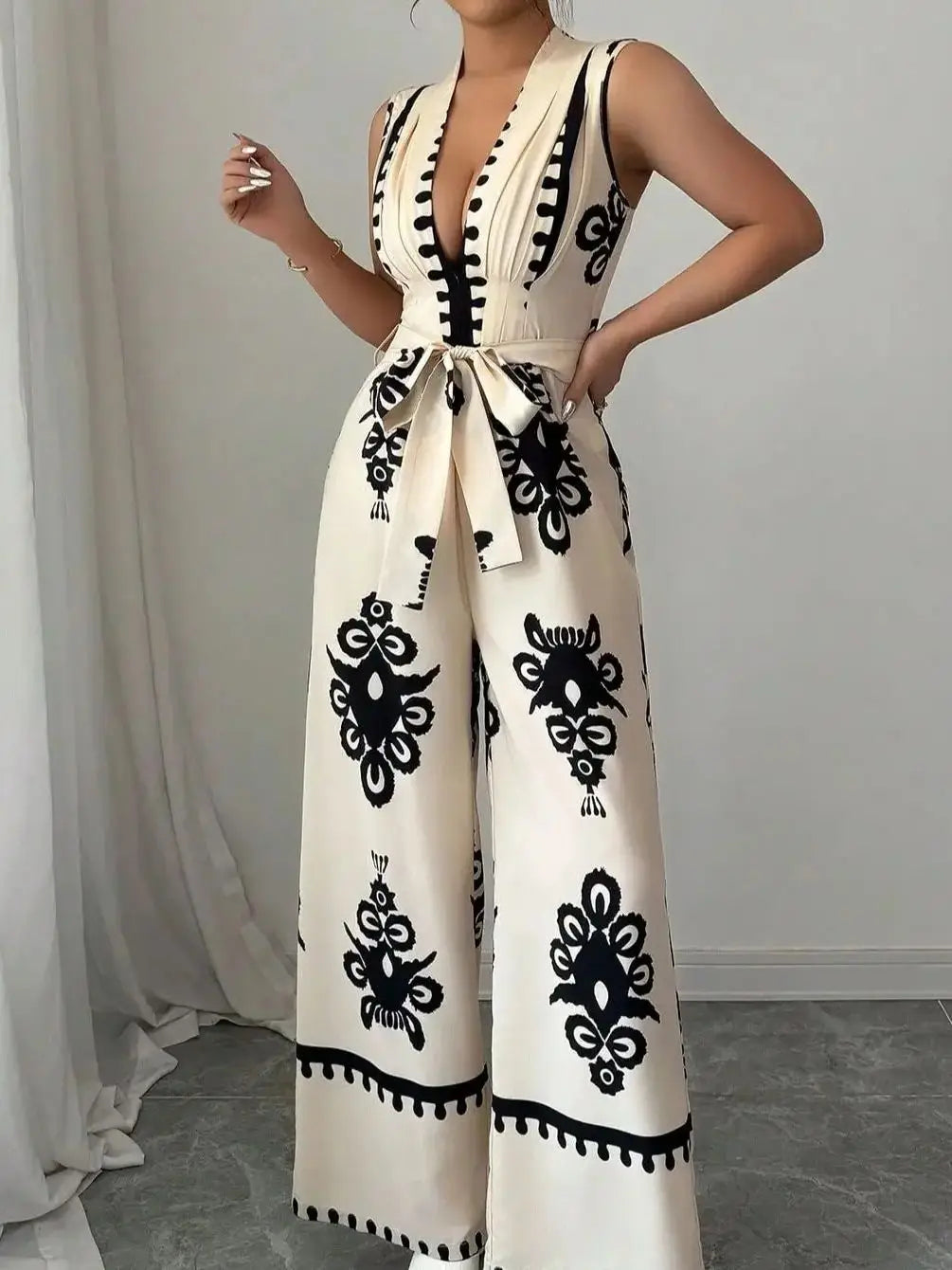 Women's fashion lace up printed V-neck wide leg jumpsuit Badiee Stylez