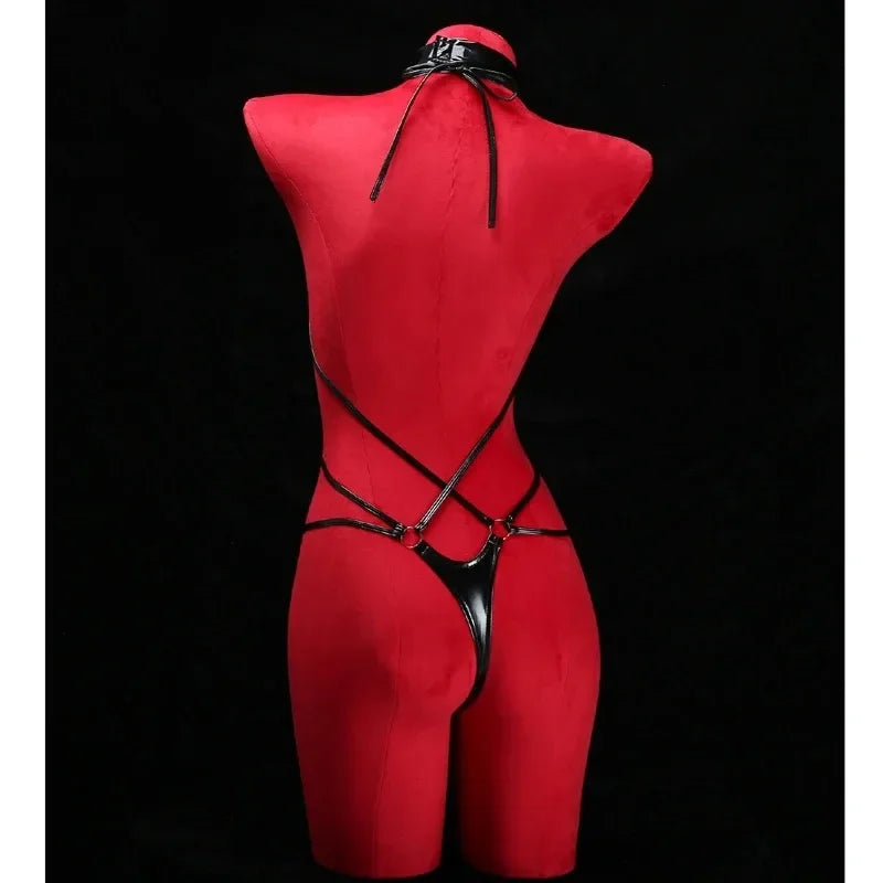 Anime Cosplay Girls Halter Leather Swimsuit Cross Straps Bandage Jumpsuit Bodysuit Lingerie Costumes Hollow Out Pajamas