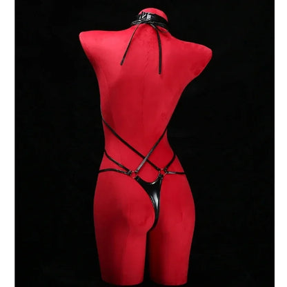 Anime Cosplay Girls Halter Leather Swimsuit Cross Straps Bandage Jumpsuit Bodysuit Lingerie Costumes Hollow Out Pajamas