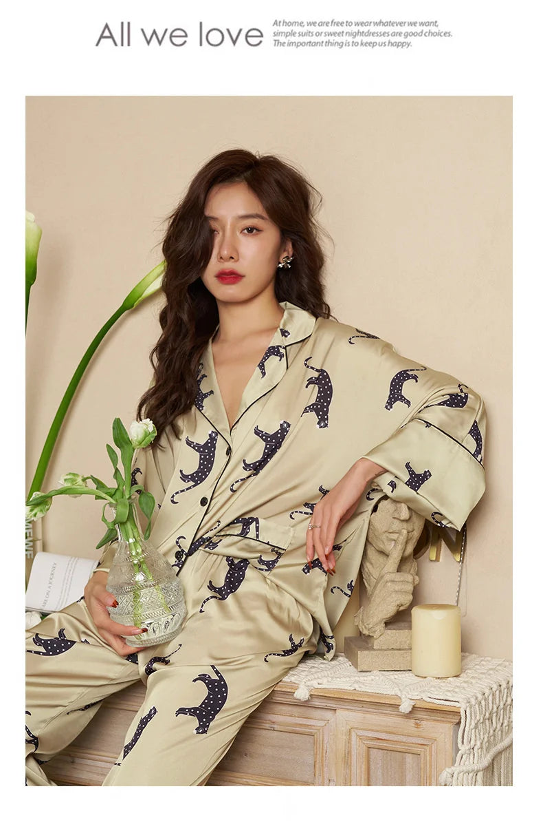Lisacmvpnel Leopard Print Bat Sleeve Ice Silk Women's Pajamas Simple And Natural Thin Sation Women's Pijama