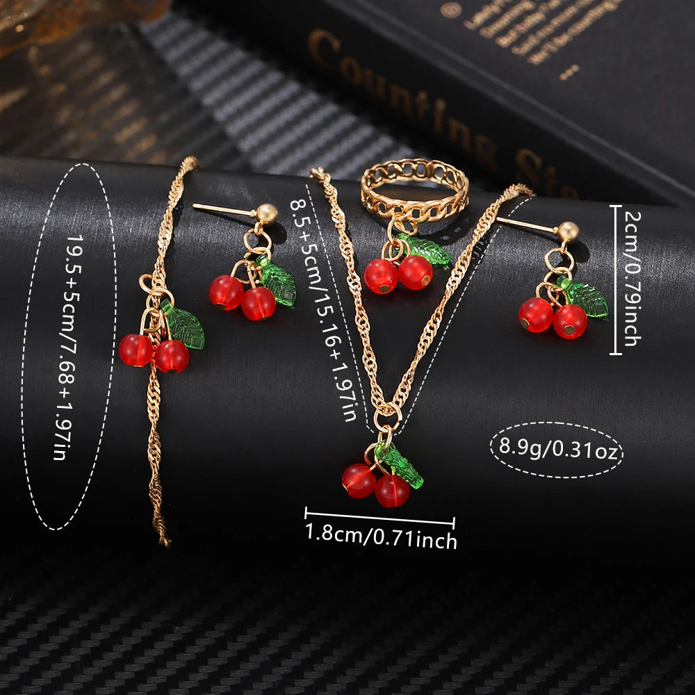 6PCS/Set Red Women's Watch With Minimalist Elements Dial Quartz Watch Latex Strap Cherry Elements Jewelry Set Girl's Gift Badiee Stylez