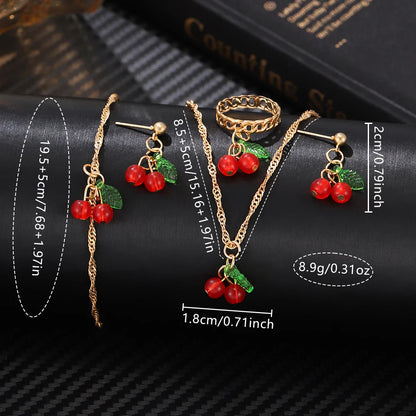 6PCS/Set Red Women's Watch With Minimalist Elements Dial Quartz Watch Latex Strap Cherry Elements Jewelry Set Girl's Gift Badiee Stylez