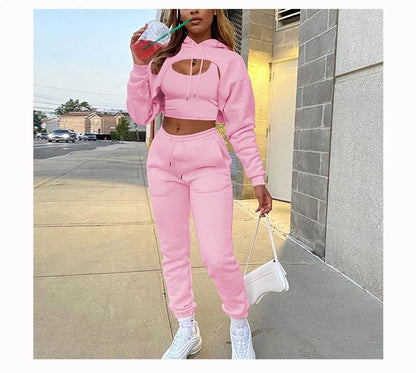 Women 3 Pieces Sets Sweatpants and Hoodie Set Cropped Tops Fleece Pants Suit Tracksuit Fitness Sport Jogger Outfit Clothing