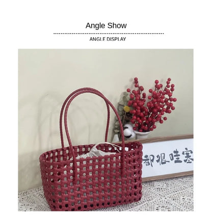 Plastic Hollow Weave Bag Countryside Style Bohemian Style Beach Tote Bag Large Capacity Bucket Bag Vegetable Basket Bag