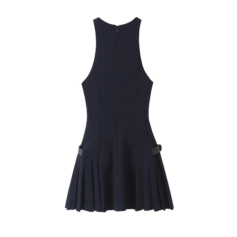 TRZA-Pleated Mini Dress with Side Loops for Women, Halter Neck, Back Zipper, Female Dresses, Chic Fashion Badiee Stylez