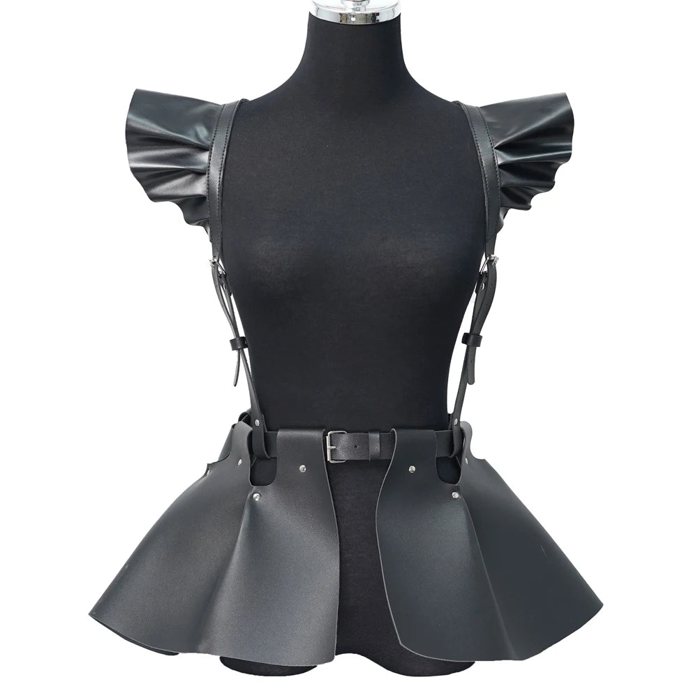 Women's Fashion Leather Body Harness Belt Skirt With Ruffle Hem Gothic Style Waist &Shoulder Belt Clothing Accessory