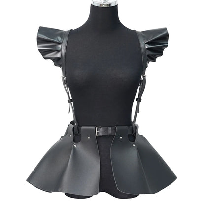 Women's Fashion Leather Body Harness Belt Skirt With Ruffle Hem Gothic Style Waist &Shoulder Belt Clothing Accessory