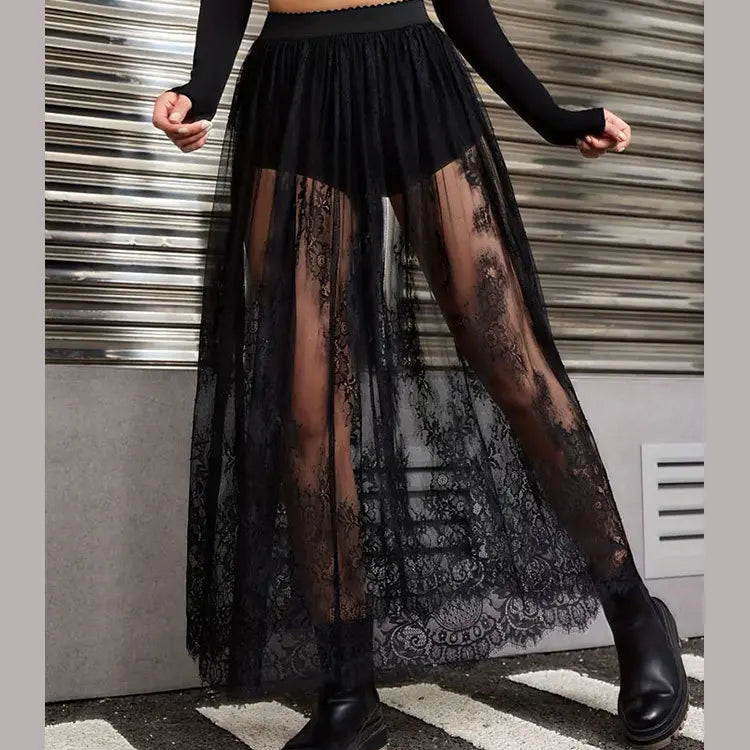 Y2k Black Mesh Long Gothic Skirt Women 2025 Summer High Waist Transparent Maxi Skirt With Shorts Lady Sexy White Lace Goth Skirt