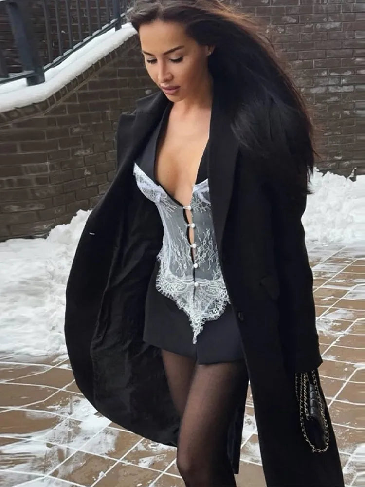 New Design Lace Patchwork Suit Jacket Women Retro Chic V-neck Single Breasted Waist-cinching Jackets Female High Street Outwear