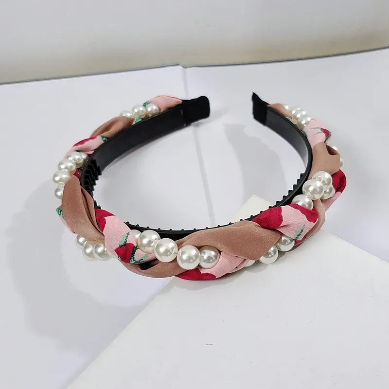 Women's Pearl Face Washband Anti-Slip Woven Headband High-End Feel Outing Hair Tie Pearl Hair Band Hair Accessories Pink