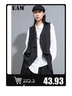 EAM 2024 New Fashion Winter Stand Collar Irregular Long Type Black Cotton-padded Clothes Loose Coat Black Jacket Woman YA771