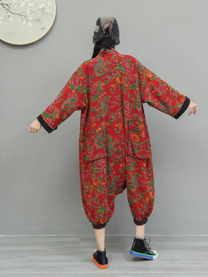 Artistic Large Floral Cotton Linen Chinese Style Button Embroidery Loose Casual Jumpsuit Women LX4344 Badiee Stylez