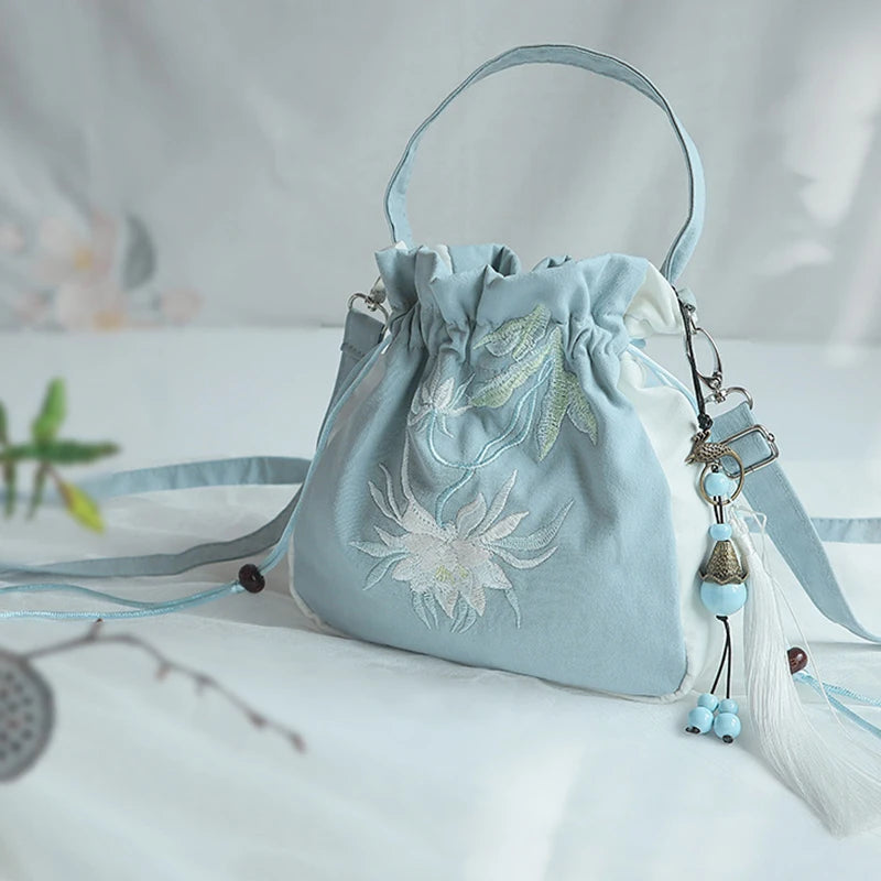 Chinese Style Women's Drawstring Bag Vintage Flower Embroidery Hanfu Handbag Street Fashion Girls Bucket Shape Shoulder Bag